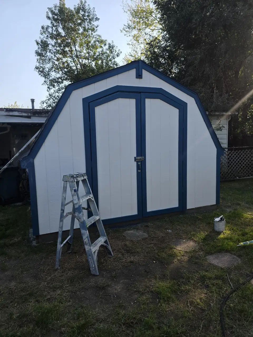 Shed double doors painted white with navy frames